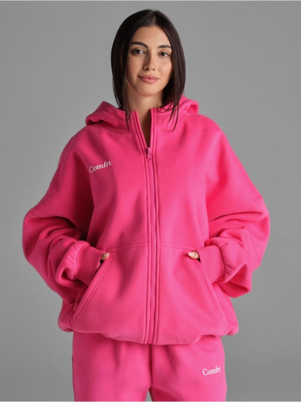 Comfrt Hot Pink Minimalist Zip Up Hoodie and Straight Leg Sweatpants Set